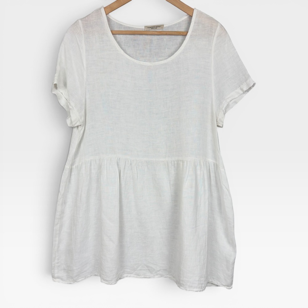Francesca Bettini Tunic Top Women L White 100% Linen Made in Italy Short Sleeve